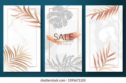 Sale banners set, vertical stories template with tropical leaves. Golden leaf silhouette on white marble texture. Modern dotted texture monstera and frond plants