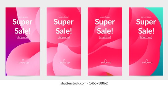 Sale banners for social media stories, web page and other promotion for mobile phone. Bright colored gradient sale advertisement template with fluid liquid shape.