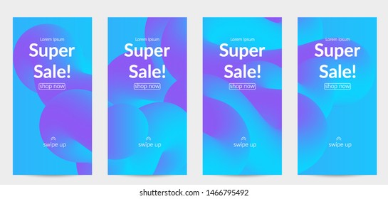 Sale banners for social media stories, web page and other promotion for mobile phone. Bright colored gradient sale advertisement template with fluid liquid shape.