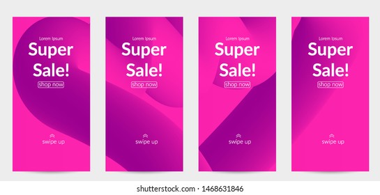 Sale banners for social media stories, web page and other promotion for mobile phone. Bright colored gradient sale advertisement template with fluid liquid shape.