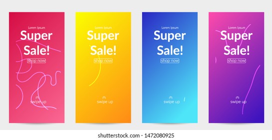 Sale banners for social media stories, web page and other promotion for mobile phone. Bright colored gradient sale advertisement template with wavy lines.