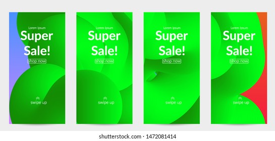 Sale banners for social media stories, web page and other promotion for mobile phone. Bright colored gradient sale advertisement template with fluid liquid shape.