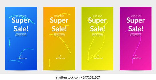 Sale banners for social media stories, web page and other promotion for mobile phone. Bright colored gradient sale advertisement template with wavy lines.
