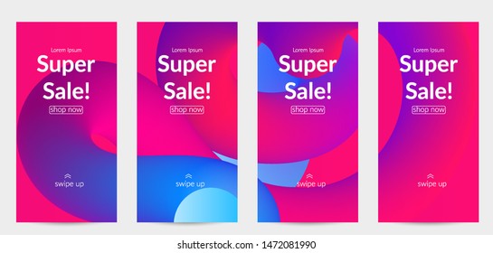Sale banners for social media stories, web page and other promotion for mobile phone. Bright colored gradient sale advertisement template with fluid liquid shape.