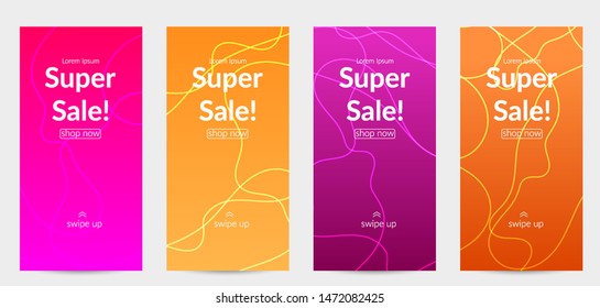 Sale banners for social media stories, web page and other promotion for mobile phone. Bright colored gradient sale advertisement template with wavy lines.