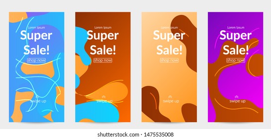 Sale banners for social media stories, web page and other promotion for mobile phone. Bright colored gradient sale advertisement template with wavy lines.