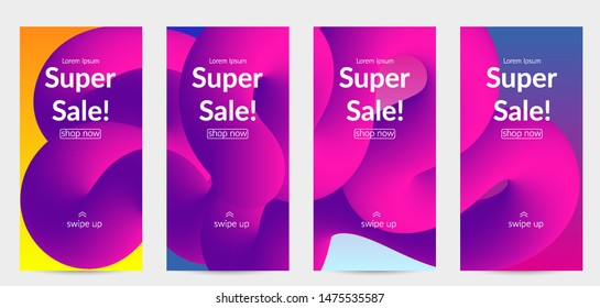 Sale banners for social media stories, web page and other promotion for mobile phone. Bright colored gradient sale advertisement template with fluid liquid shape.