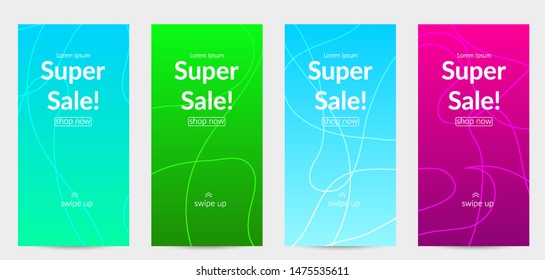 Sale banners for social media stories, web page and other promotion for mobile phone. Bright colored gradient sale advertisement template with wavy lines.