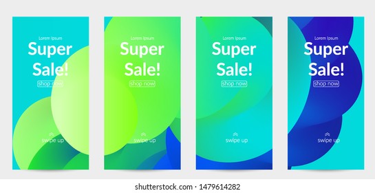 Sale banners for social media stories, web page and other promotion for mobile phone. Bright colored gradient sale advertisement template with fluid liquid shape.