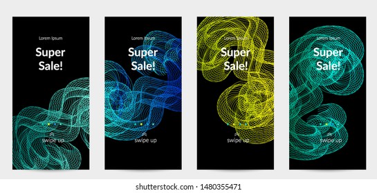 Sale banners for social media stories, web page and other promotion for mobile phone. Vector abstract dynamic gradient waves, curvy line on black backgrounds.