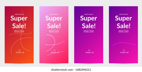 Sale banners for social media stories, web page and other promotion for mobile phone. Bright colored gradient sale advertisement template with wavy lines.