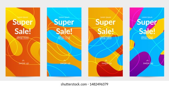 Sale banners for social media stories, web page and other promotion for mobile phone. Bright colored gradient sale advertisement template with wavy lines.