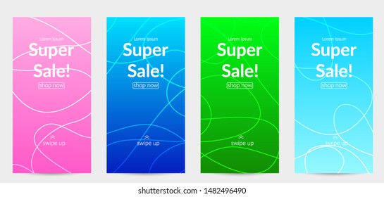 Sale banners for social media stories, web page and other promotion for mobile phone. Bright colored gradient sale advertisement template with wavy lines.