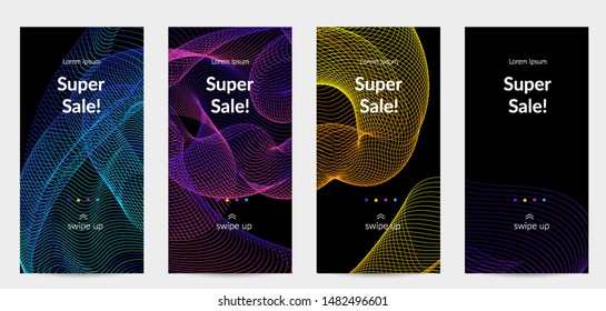 Sale banners for social media stories, web page and other promotion for mobile phone. Vector abstract dynamic gradient waves, curvy line on black backgrounds.