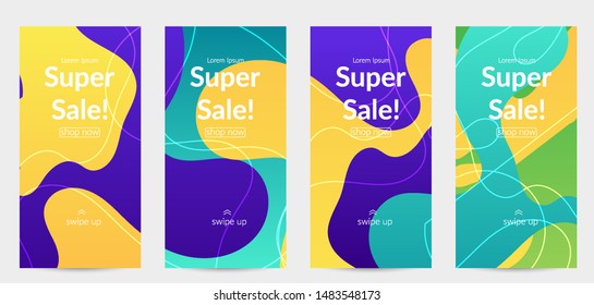 Sale banners for social media stories, web page and other promotion for mobile phone. Bright colored gradient sale advertisement template with wavy lines.