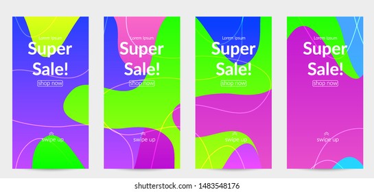 Sale banners for social media stories, web page and other promotion for mobile phone. Bright colored gradient sale advertisement template with wavy lines.