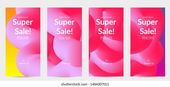 Sale banners for social media stories, web page and other promotion for mobile phone. Bright colored gradient sale advertisement template with fluid liquid shape.