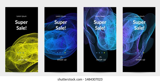 Sale banners for social media stories, web page and other promotion for mobile phone. Vector abstract dynamic gradient waves, curvy line on black backgrounds.