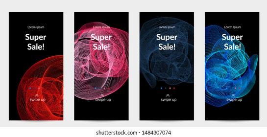 Sale Banners For Social Media Stories, Web Page And Other Promotion For Mobile Phone. Vector Abstract Dynamic Gradient Waves, Curvy Line On Black Backgrounds.