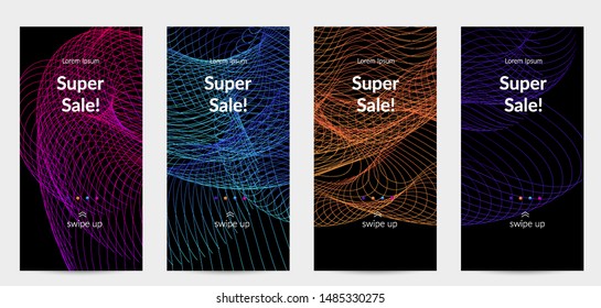 Sale banners for social media stories, web page and other promotion for mobile phone. Vector abstract dynamic gradient waves, curvy line on black backgrounds.