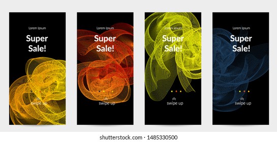 Sale banners for social media stories, web page and other promotion for mobile phone. Vector abstract dynamic gradient waves, curvy line on black backgrounds.