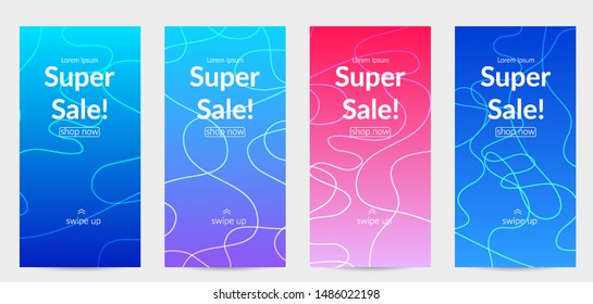 Sale banners for social media stories, web page and other promotion for mobile phone. Bright colored gradient sale advertisement template with wavy lines.