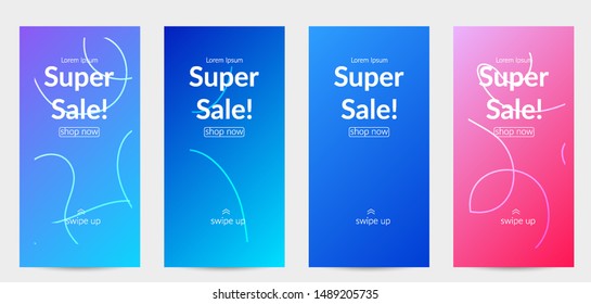 Sale banners for social media stories, web page and other promotion for mobile phone. Bright colored gradient sale advertisement template with wavy lines.