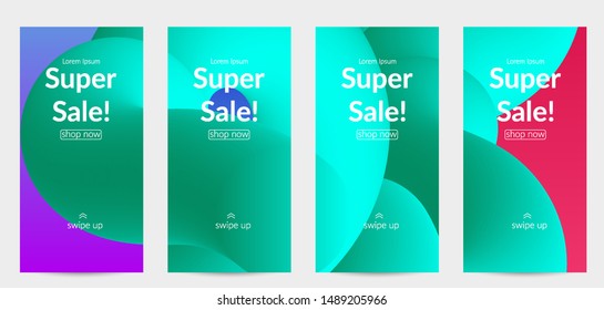 Sale banners for social media stories, web page and other promotion for mobile phone. Bright colored gradient sale advertisement template with fluid liquid shape.