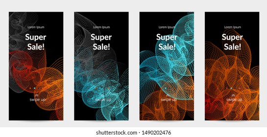 Sale banners for social media stories, web page and other promotion for mobile phone. Vector abstract dynamic gradient waves, curvy line on black backgrounds.