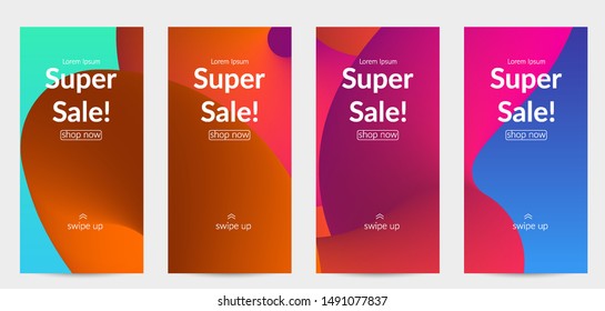 Sale banners for social media stories, web page and other promotion for mobile phone. Bright colored gradient sale advertisement template with fluid liquid shape.