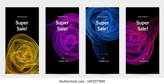 Sale banners for social media stories, web page and other promotion for mobile phone. Vector abstract dynamic gradient waves, curvy line on black backgrounds.