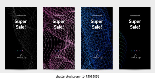 Sale banners for social media stories, web page and other promotion for mobile phone. Vector abstract dynamic gradient waves, curvy line on black backgrounds.