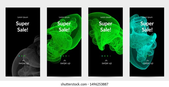Sale banners for social media stories, web page and other promotion for mobile phone. Vector abstract dynamic gradient waves, curvy line on black backgrounds.