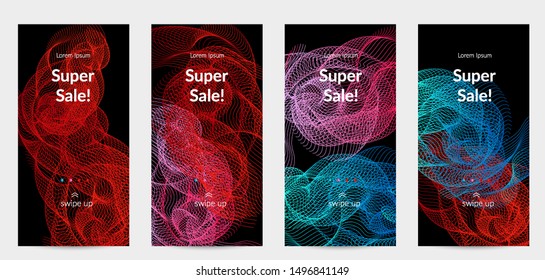 Sale banners for social media stories, web page and other promotion for mobile phone. Vector abstract dynamic gradient waves, curvy line on black backgrounds.