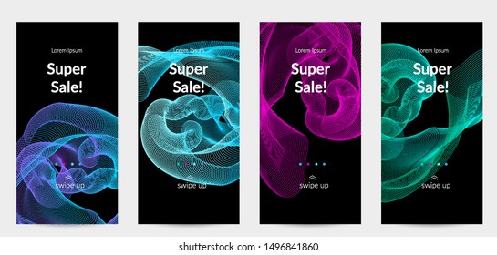 Sale banners for social media stories, web page and other promotion for mobile phone. Vector abstract dynamic gradient waves, curvy line on black backgrounds.