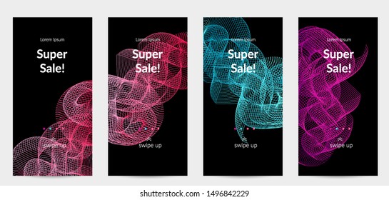 Sale banners for social media stories, web page and other promotion for mobile phone. Vector abstract dynamic gradient waves, curvy line on black backgrounds.