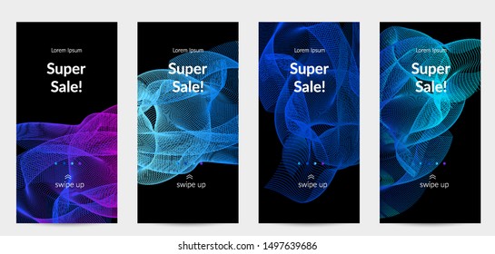 Sale banners for social media stories, web page and other promotion for mobile phone. Vector abstract dynamic gradient waves, curvy line on black backgrounds.