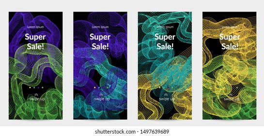 Sale banners for social media stories, web page and other promotion for mobile phone. Vector abstract dynamic gradient waves, curvy line on black backgrounds.