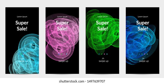Sale banners for social media stories, web page and other promotion for mobile phone. Vector abstract dynamic gradient waves, curvy line on black backgrounds.