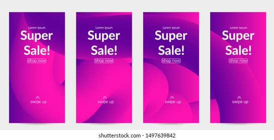 Sale banners for social media stories, web page and other promotion for mobile phone. Bright colored gradient sale advertisement template with fluid liquid shape.