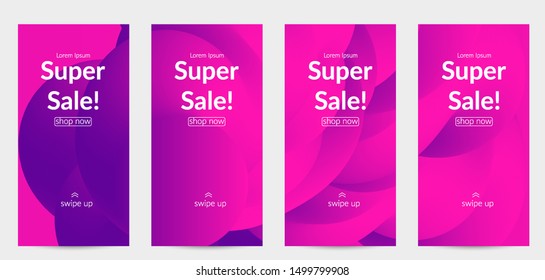 Sale banners for social media stories, web page and other promotion for mobile phone. Bright colored gradient sale advertisement template with fluid liquid shape.