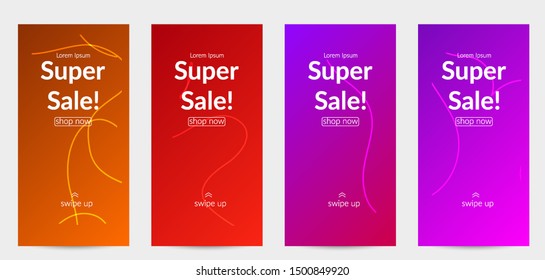 Sale banners for social media stories, web page and other promotion for mobile phone. Bright colored gradient sale advertisement template with wavy lines.