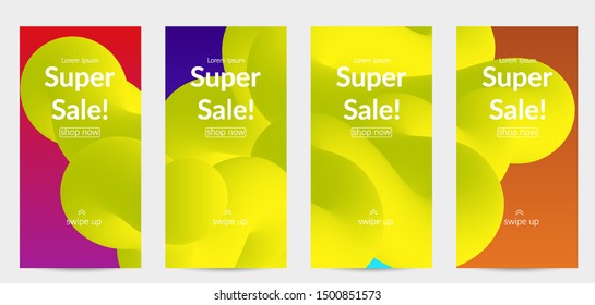 Sale banners for social media stories, web page and other promotion for mobile phone. Bright colored gradient sale advertisement template with fluid liquid shape.