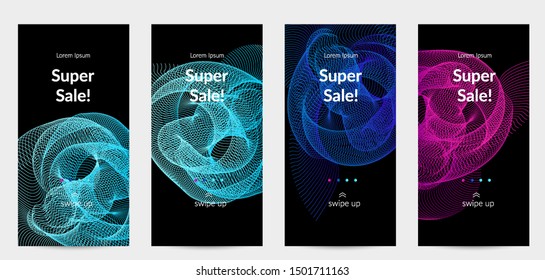 Sale banners for social media stories, web page and other promotion for mobile phone. Vector abstract dynamic gradient waves, curvy line on black backgrounds.