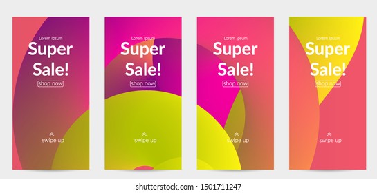 Sale banners for social media stories, web page and other promotion for mobile phone. Bright colored gradient sale advertisement template with fluid liquid shape.