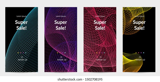 Sale banners for social media stories, web page and other promotion for mobile phone. Vector abstract dynamic gradient waves, curvy line on black backgrounds.