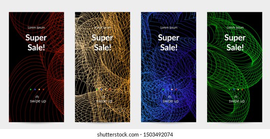 Sale banners for social media stories, web page and other promotion for mobile phone. Vector abstract dynamic gradient waves, curvy line on black backgrounds.