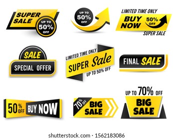 Sale banners. Special offer banner, low price tags and super sale badges. Shopping sales offer sticker, promotion flyer coupon or retail promotional label. Isolated vector icons set