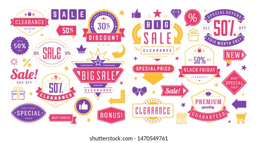 Sale banners special offers templates and discount stickers design elements set vector illustration. Social media mobile apps post or poster templates, typography signs and symbols collection.