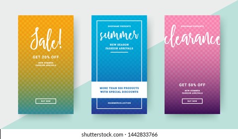 Sale banners templates design with place for photo and discount messages vector illustration. Social media mobile apps posts, vouchers or season posters with colorful gradients.
